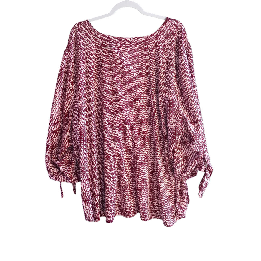 CATHERINES Button Up Blouse Womens 4X Red Geometric Georgette Tie 3/4 Sleeve - Picture 2 of 13